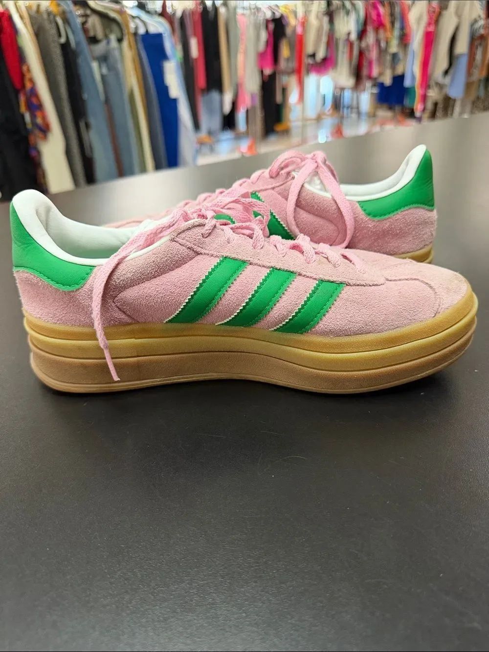 adidas Pink Suede Sneakers with Green Stripes and Gum Platform - Picture 10 of 10